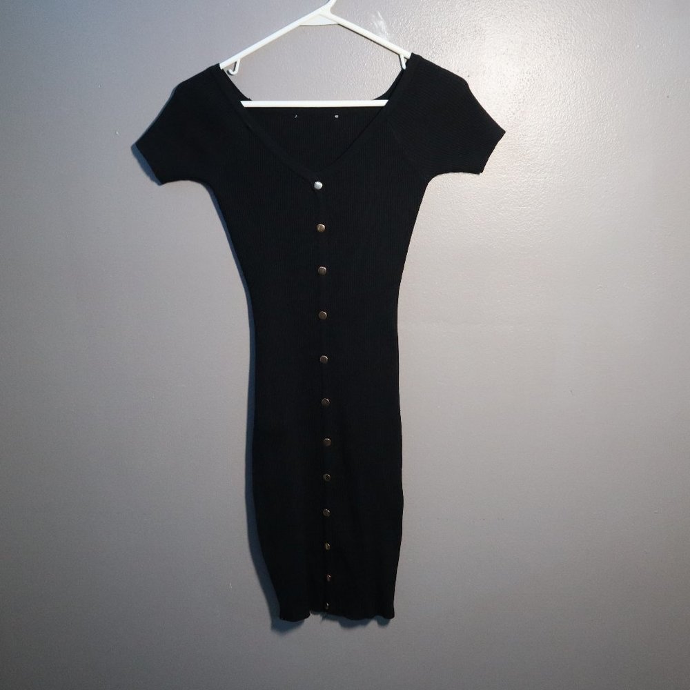 Papaya Rib Knit Button Front Dress - Black